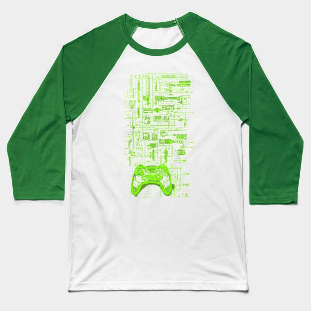 Neon Green Video Game Controller Blueprint Baseball T-Shirt by Trip Tank